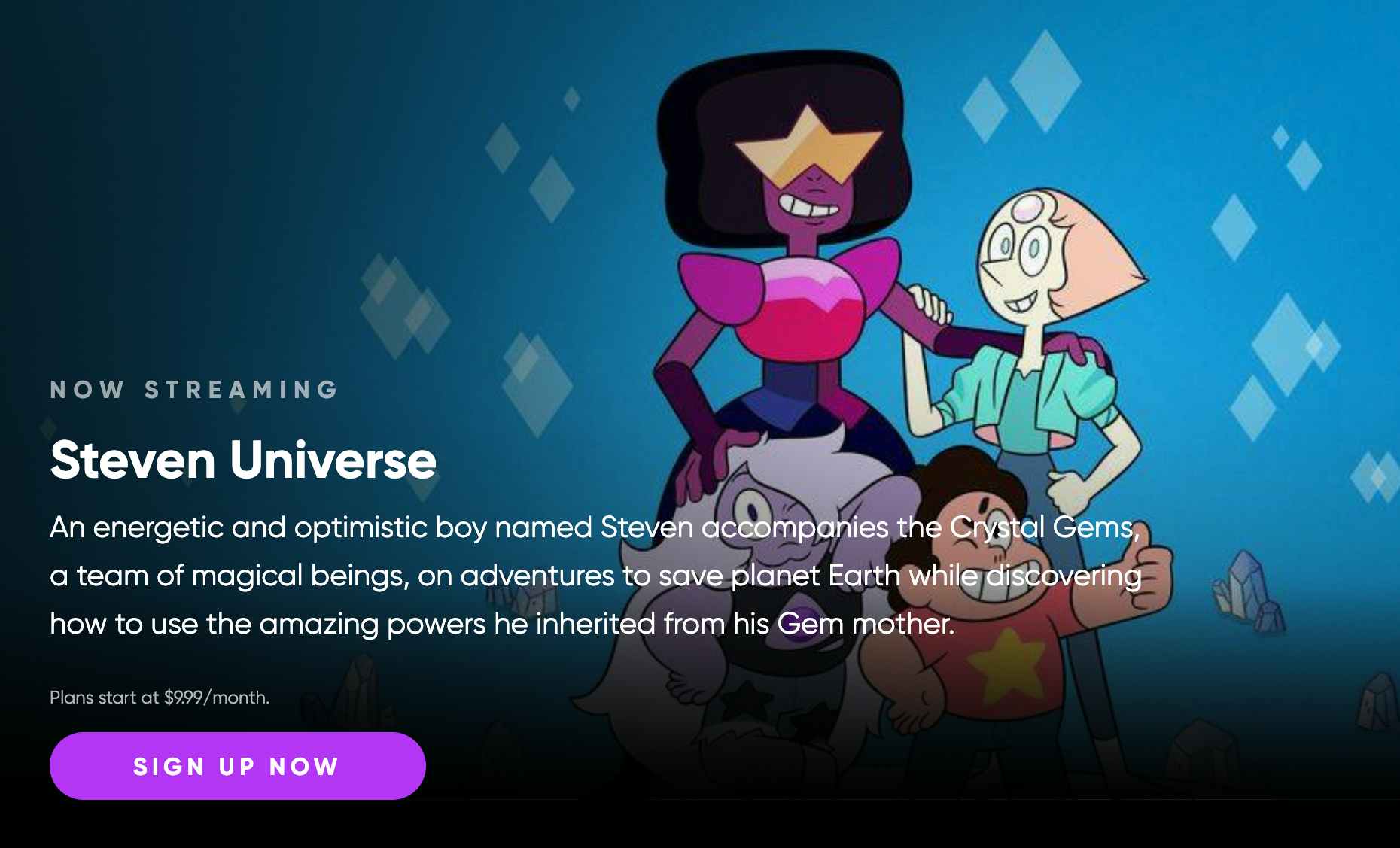 A screenshot of the HBO Max website with a Steven Universe promo banner.