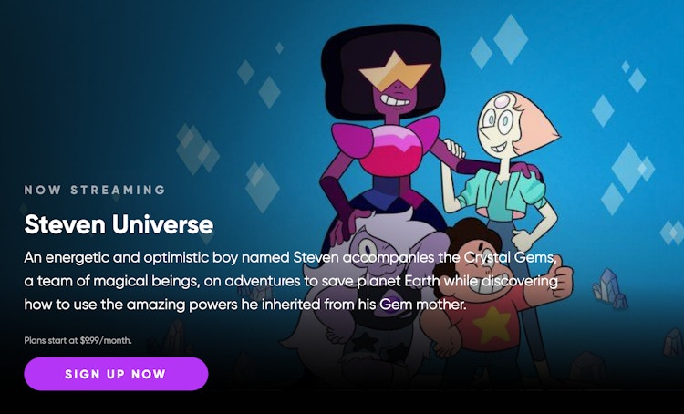A screenshot of the HBO Max website with a Steven Universe promo banner.