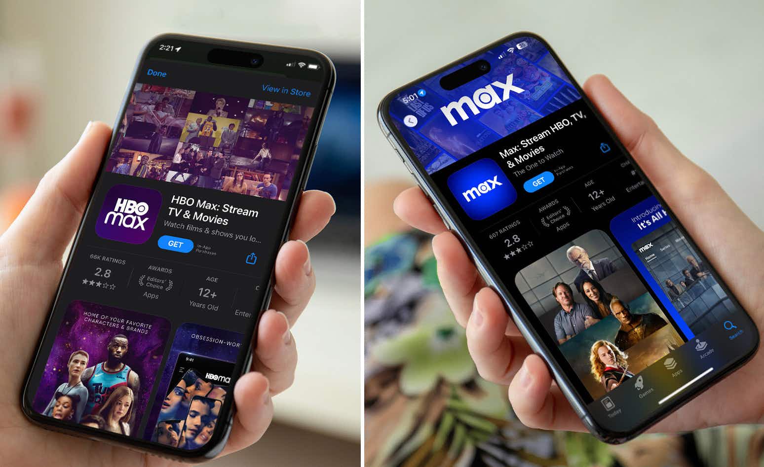 Two phones being compared, one showing the HBO Max app store page and the other showing the new app: Max 
