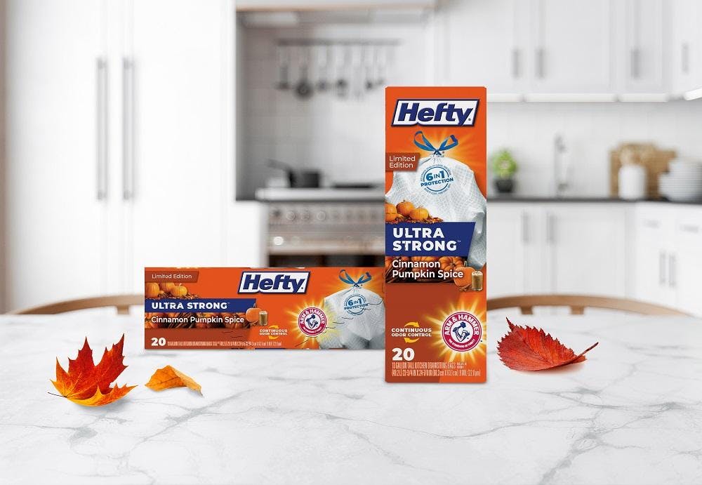 Hefty cinnamon pumpkin spice trash bags on a kitchen counter