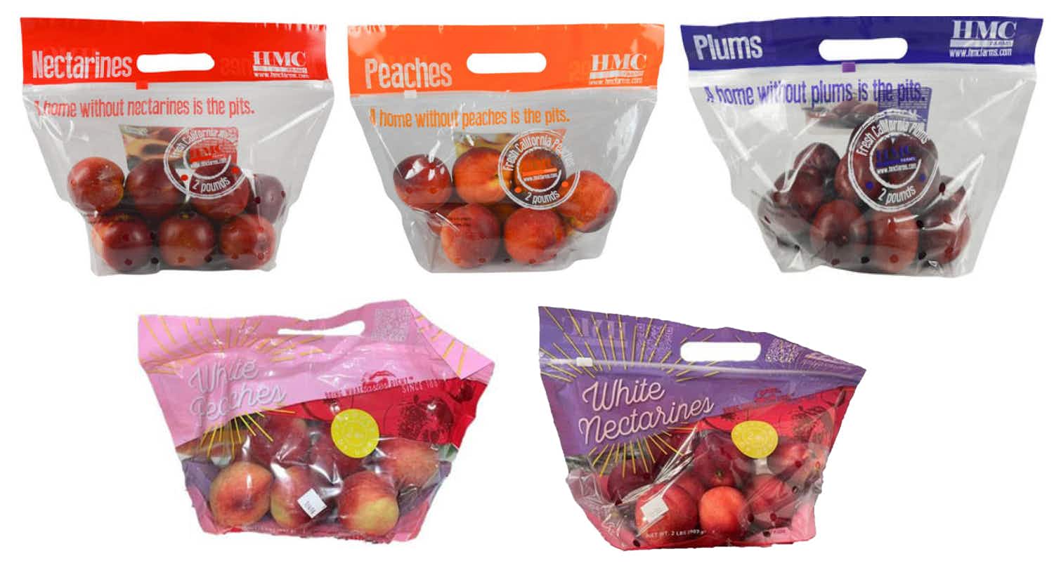 Some of the bags of HMC-branded fruit recalled by the FDA, including peaches, plums, and nectarines