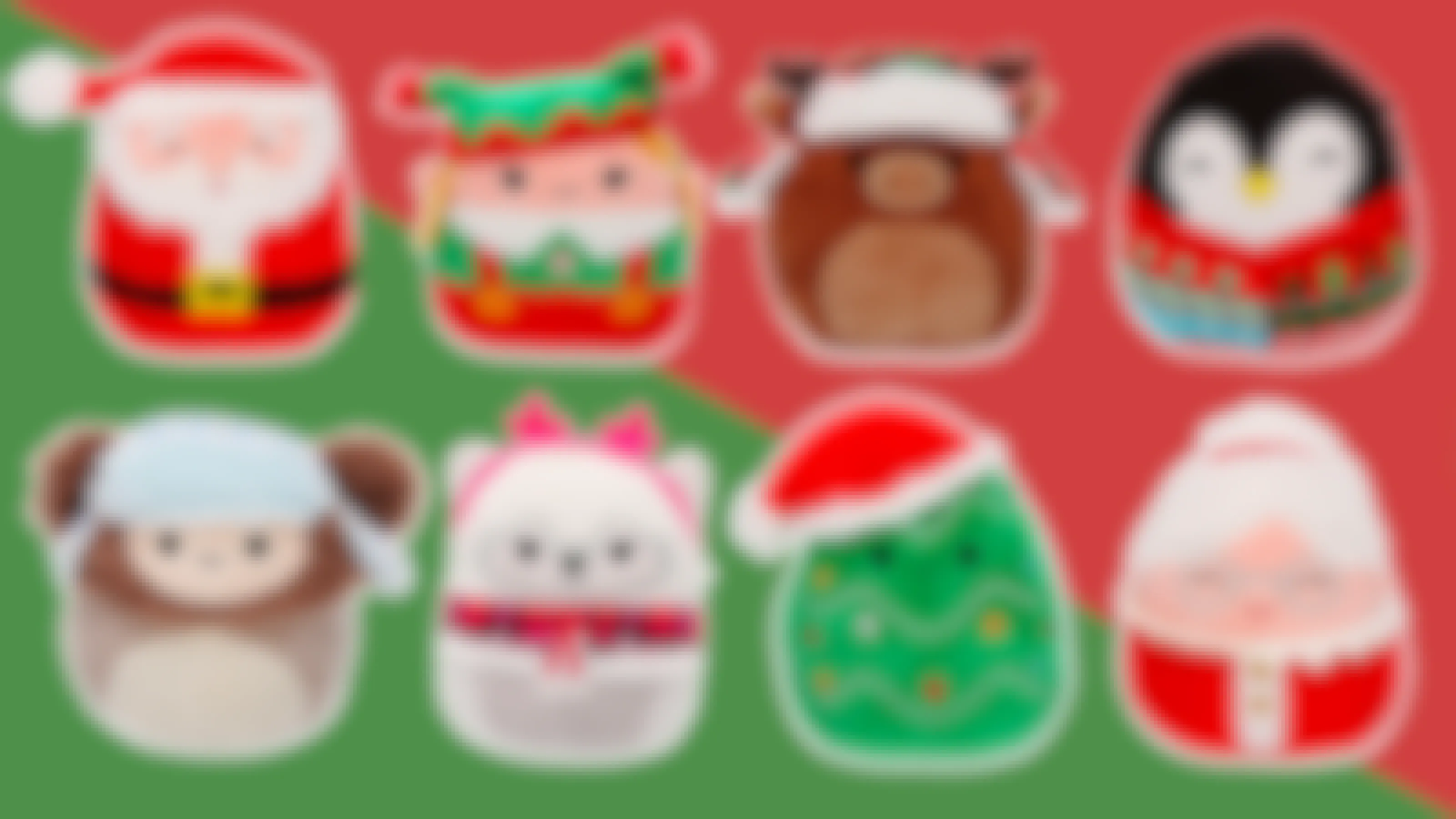 holiday christmas themed squishmallows santa-elf-reindeer-penguin-benny-fox-tree-mrs-claus