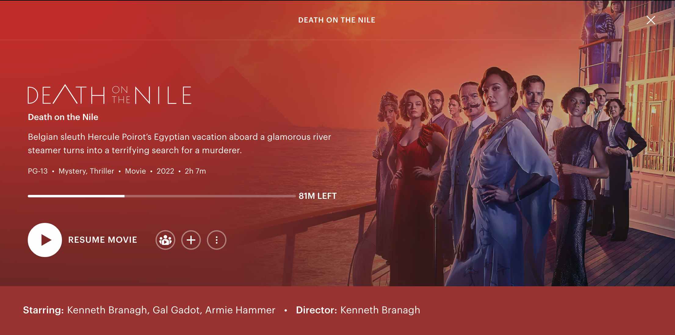 Hulu movie Death on the Nile detail page