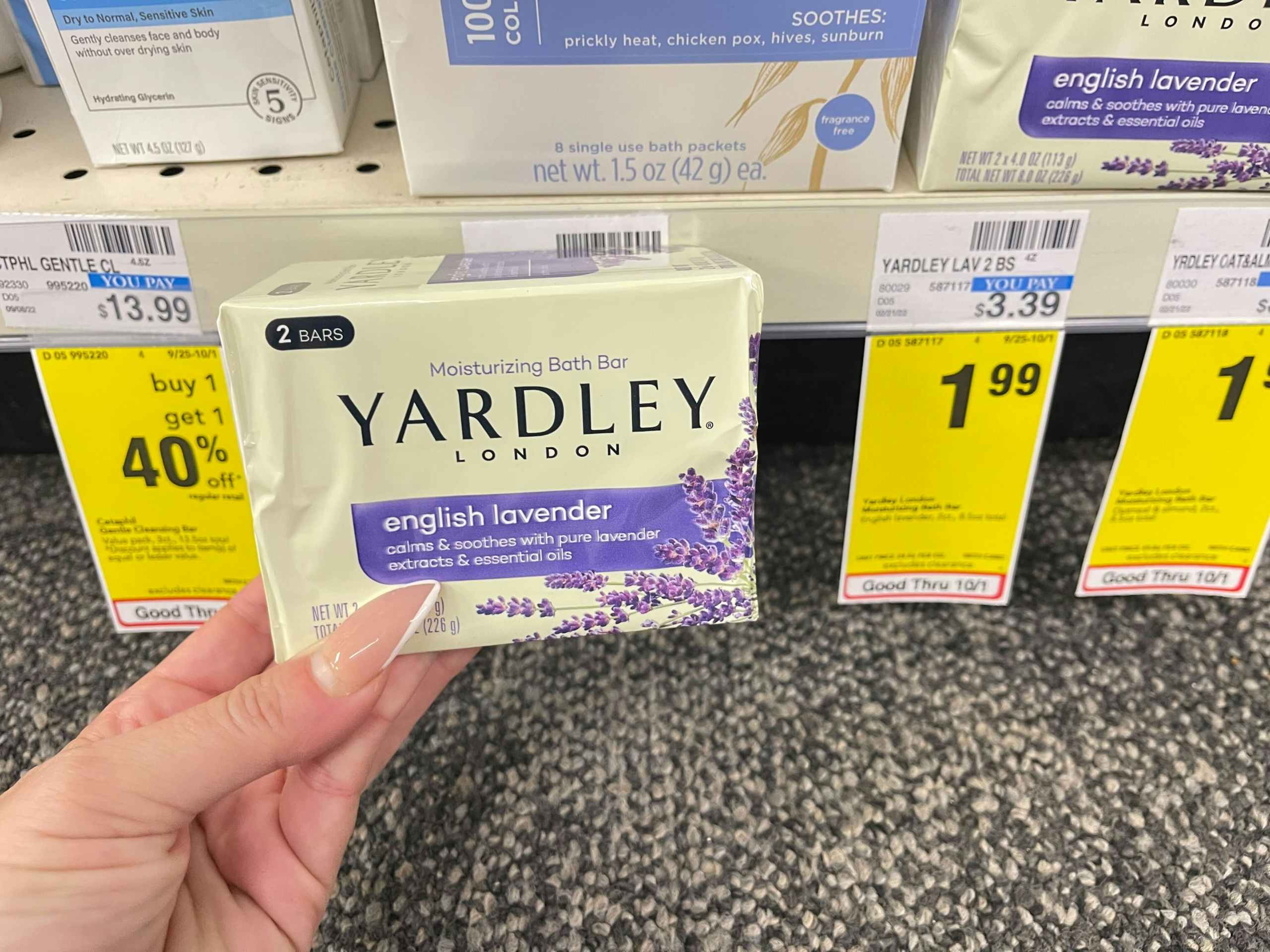 yardley bath bars 2 pack next to $1.99 cvs sales tag