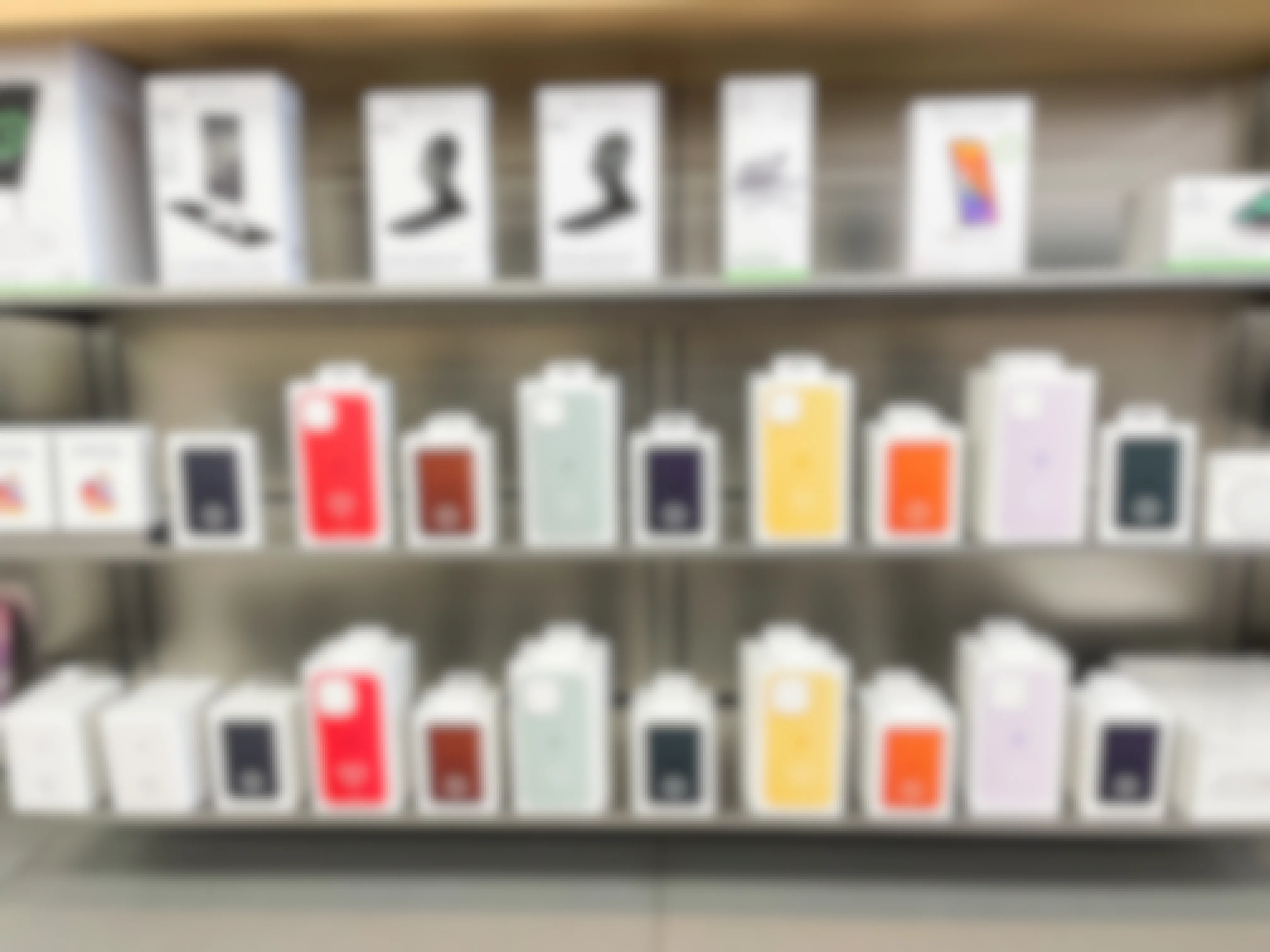 A shelf of apple products in an Apple store