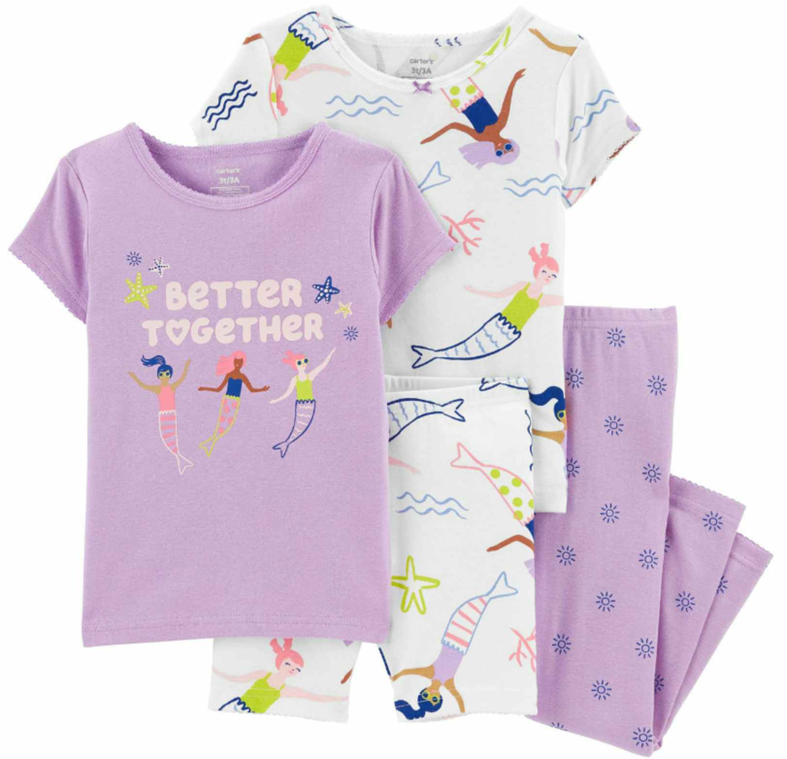 screenshot of carters four-piece pajama pj set in purple and white