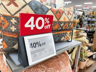 A Kohl's in-store display of farmhouse decor with signage showing it to be 40% off
