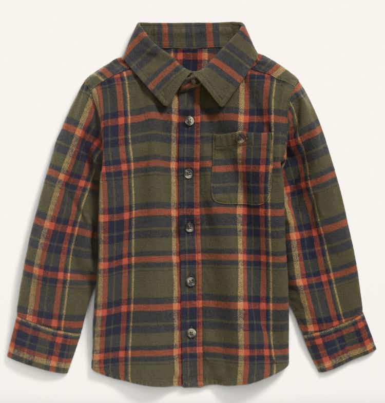 a boys green and red flannel shirt