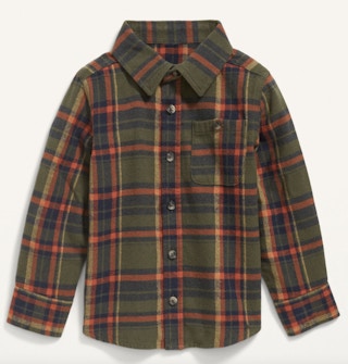 a boys green and red flannel shirt