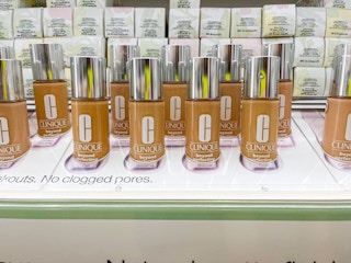 clinique foundation lined up in holder