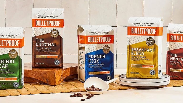 5 bags of Bulletproof brand coffee bags displayed next to one another.