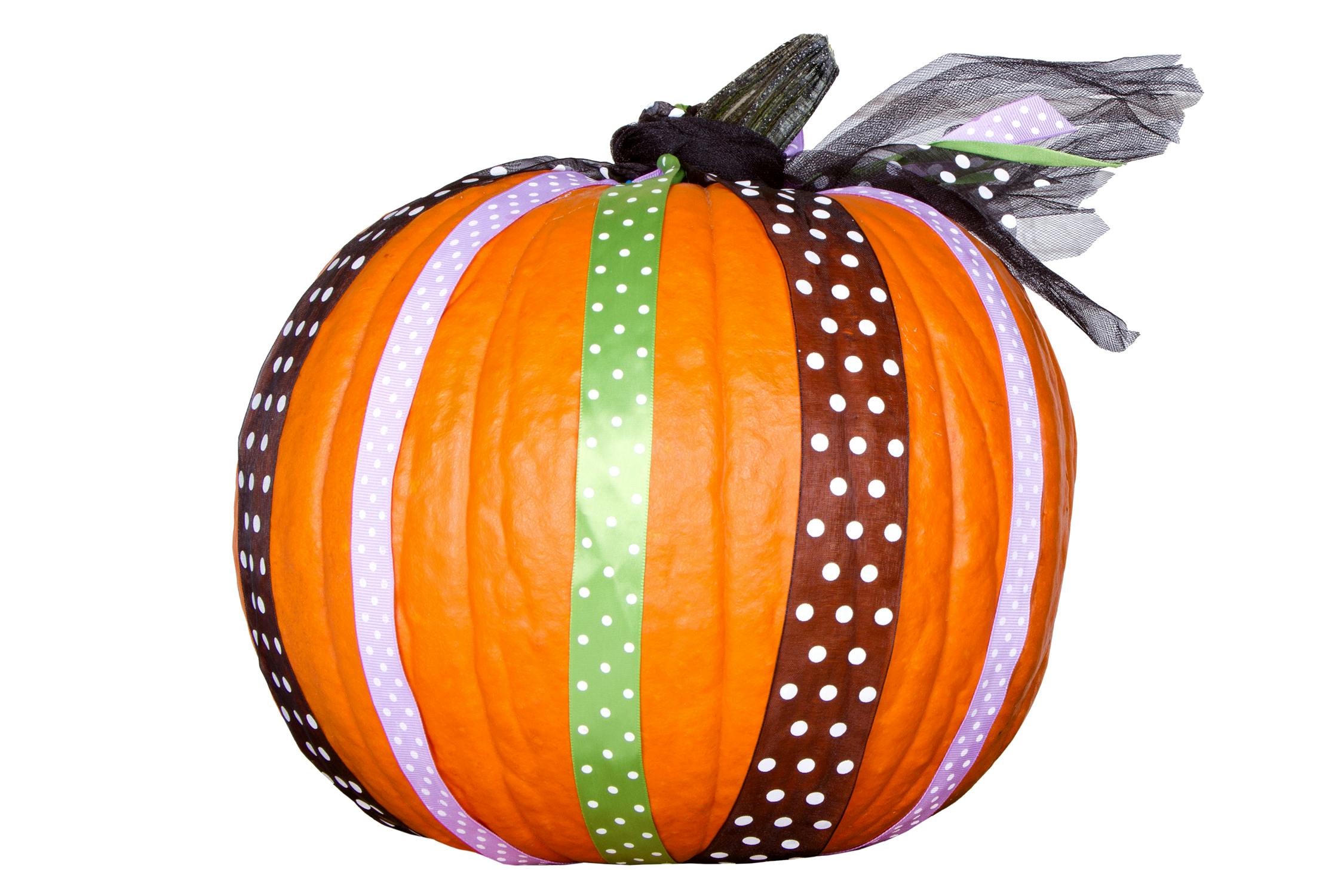 no-carve pumpkin with ribbon strips and tulle