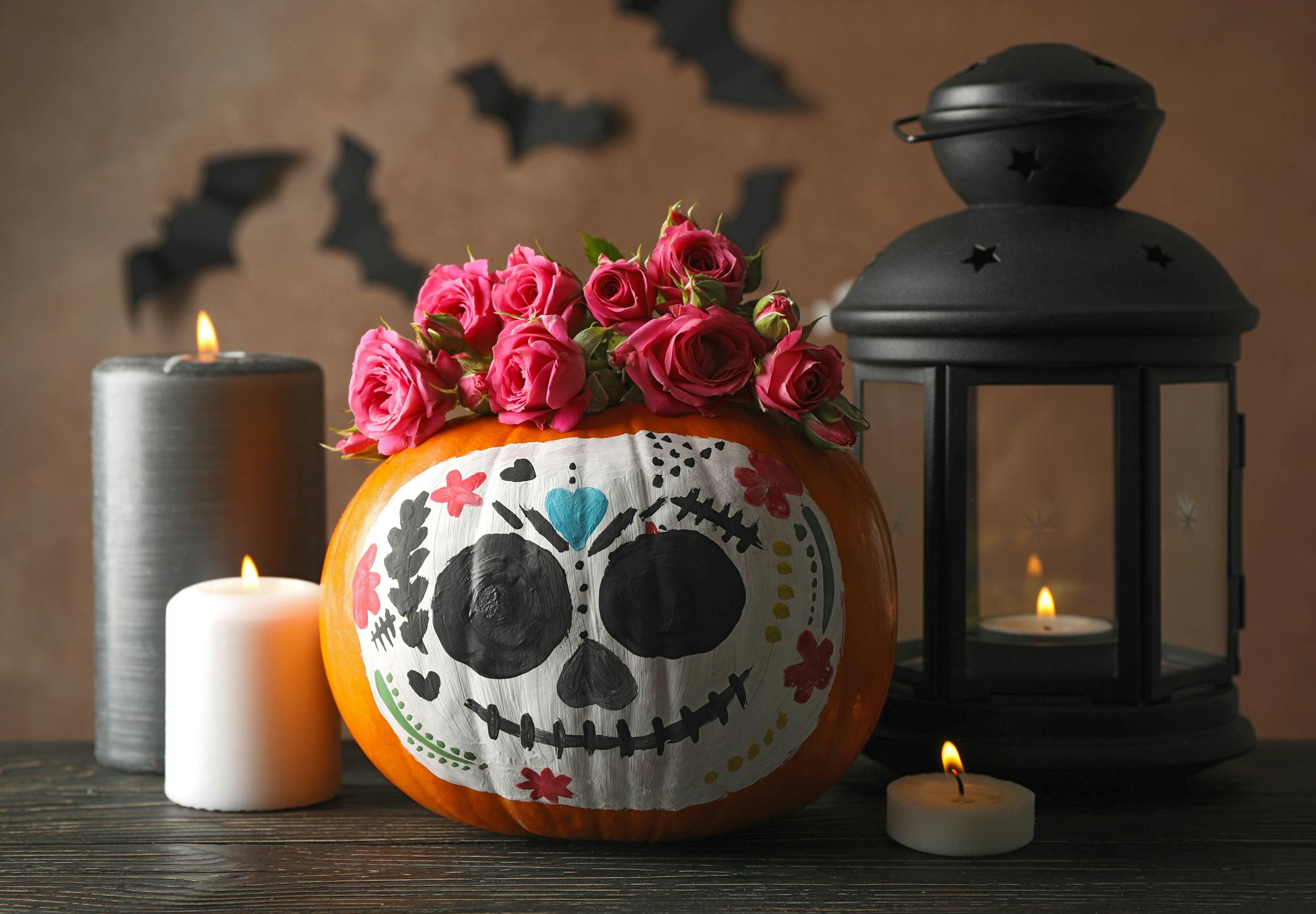 painted no-carve dia de los muertos sugar skull pumpkin