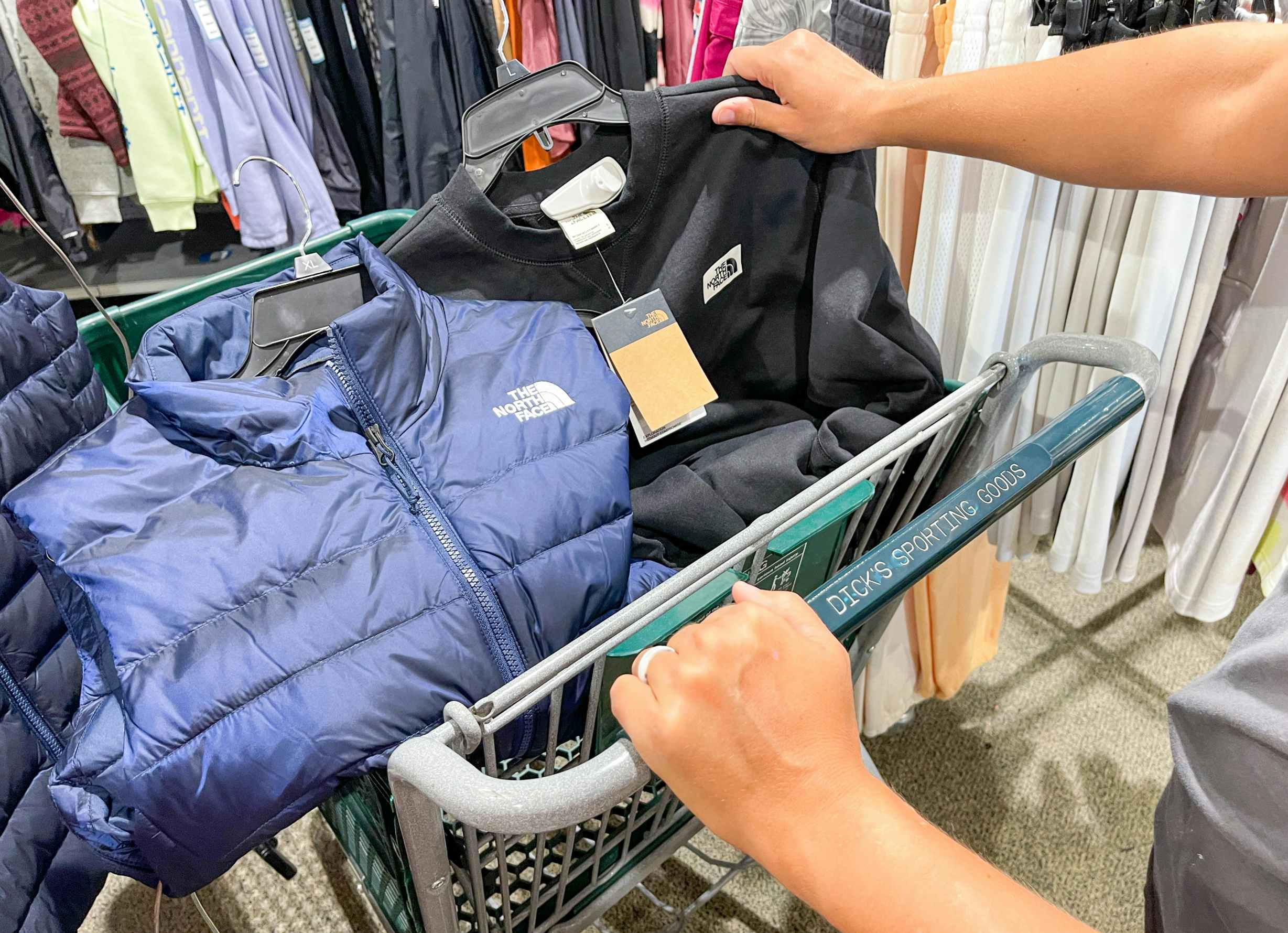 a dicks shopping cart with north face outerwear in basket 