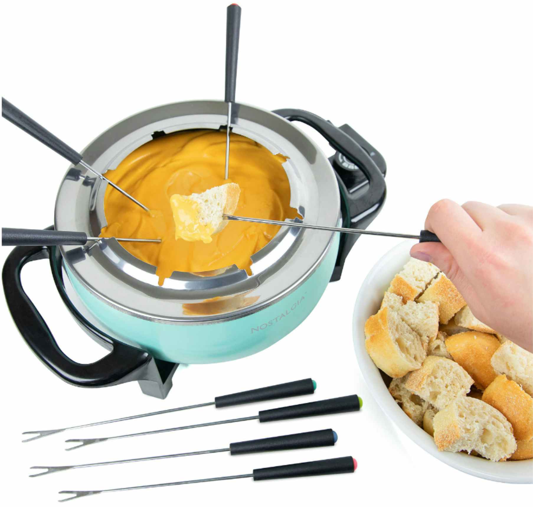 someone dipping bread into cheese fondue