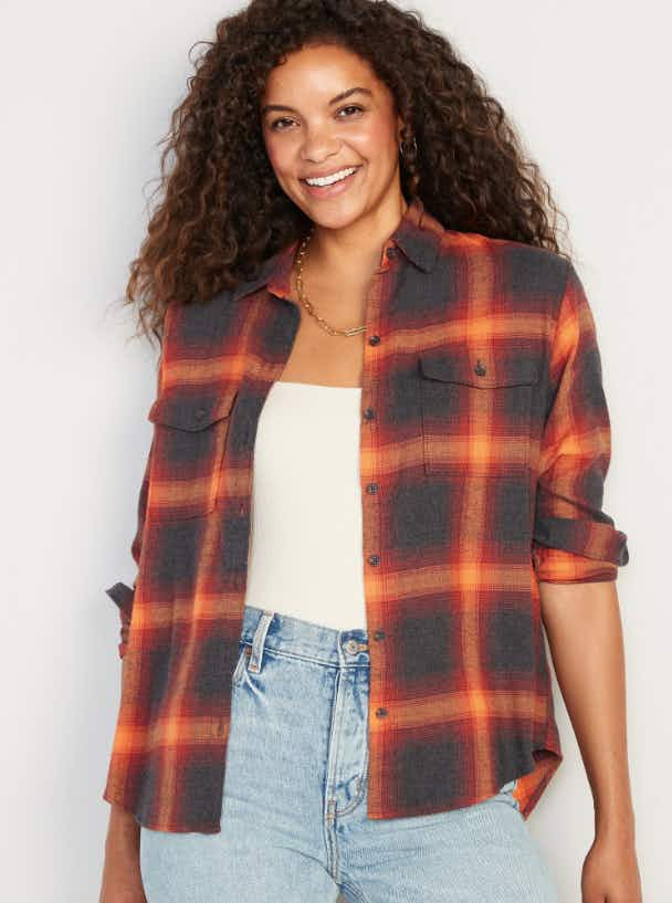 Long-Sleeve Plaid Flannel Boyfriend Tunic Shirt for Women