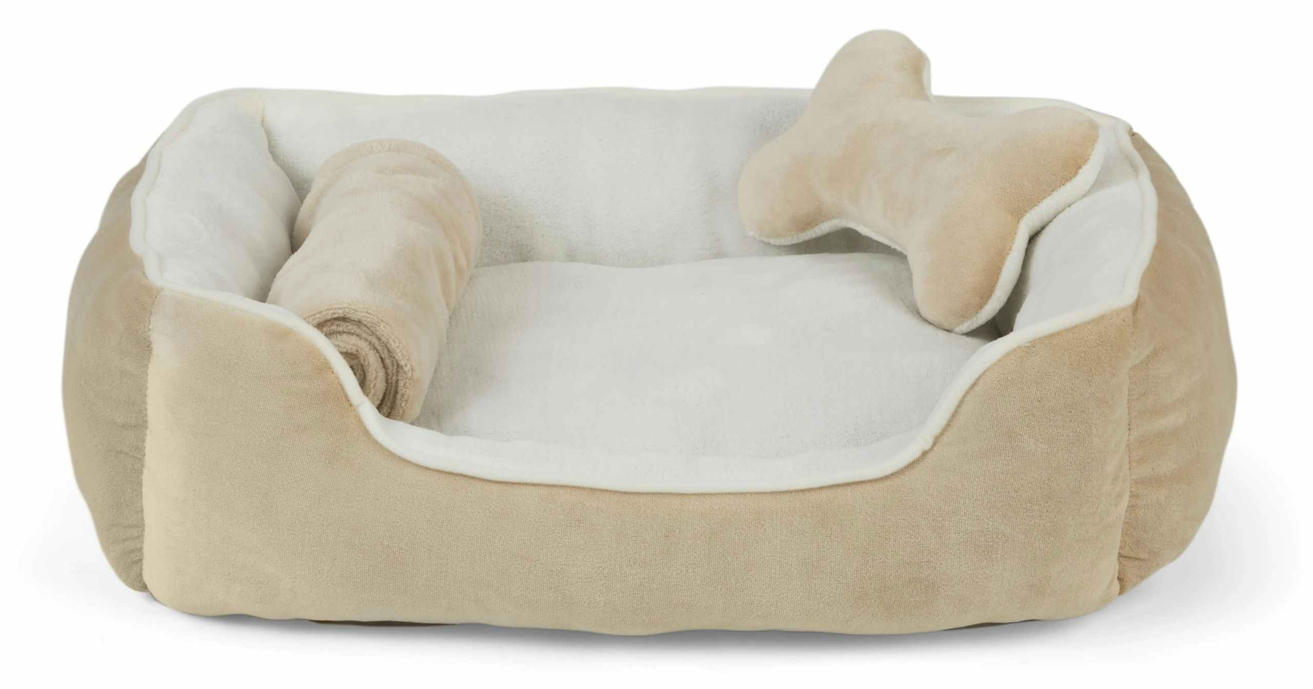 tan dog bed bundle with a bed, blanket, and pillow