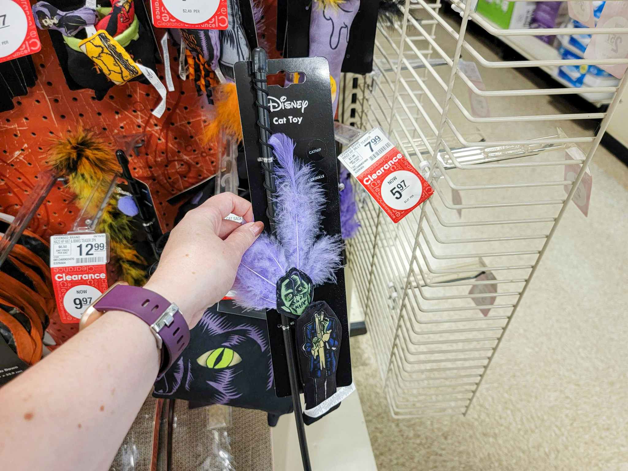 hand holding a billy from hocus pocus feather duster cat toy