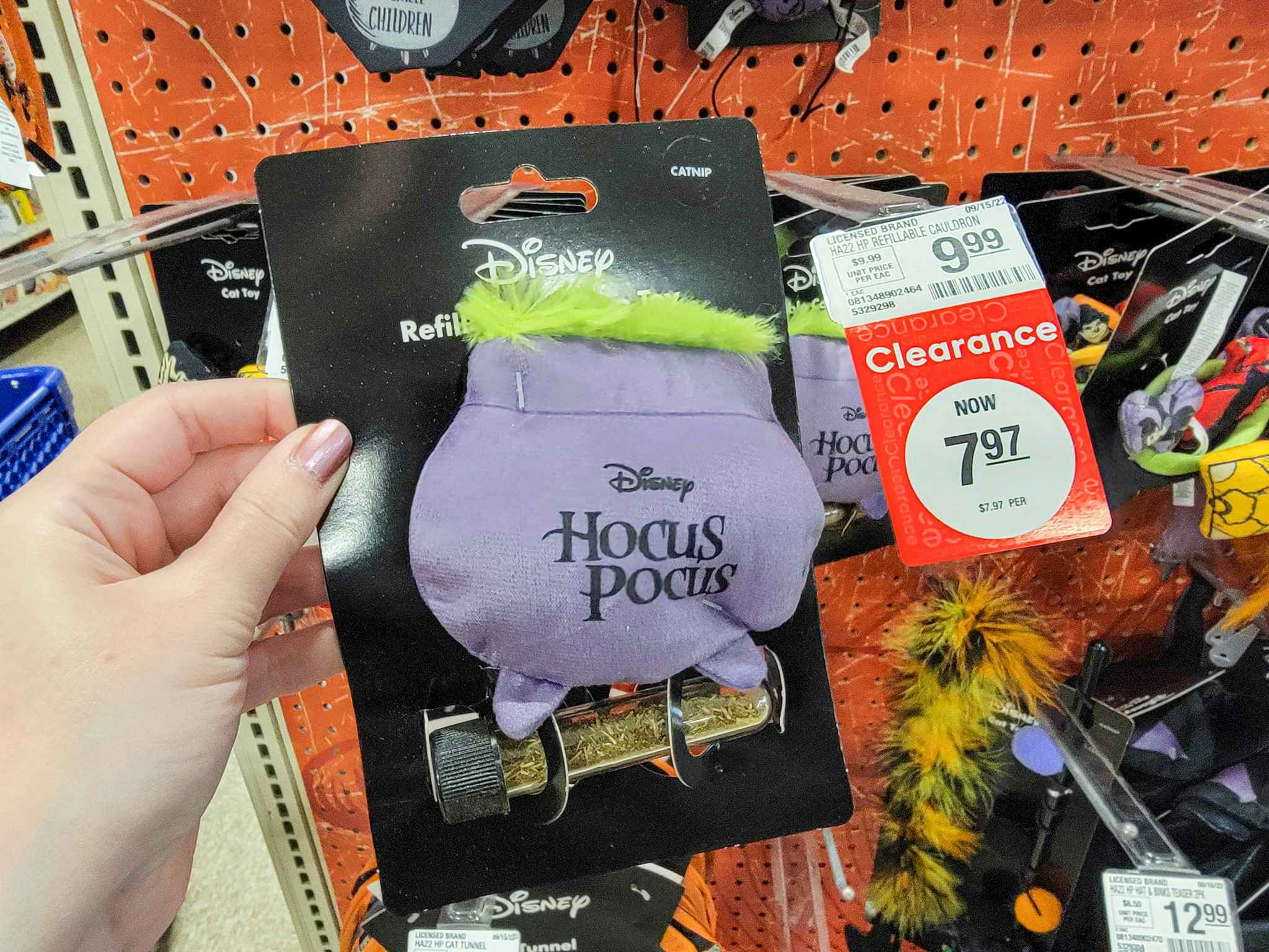hand holding a purple hocus pocus cauldron cat toy