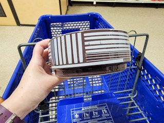 hand holding a brown and white striped dog bowl