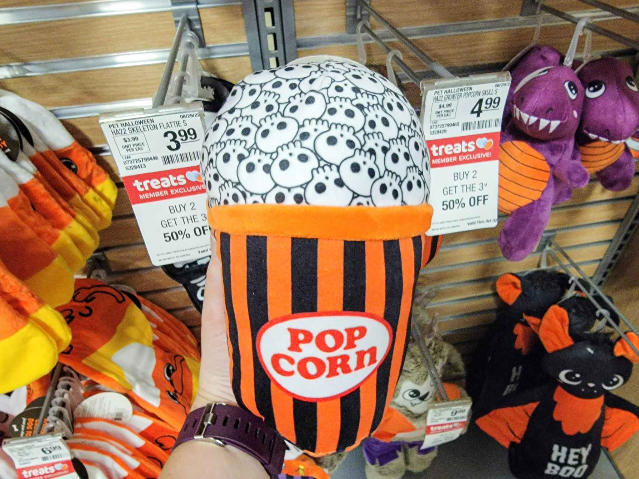 hand holding a popcorn dog toy with skulls