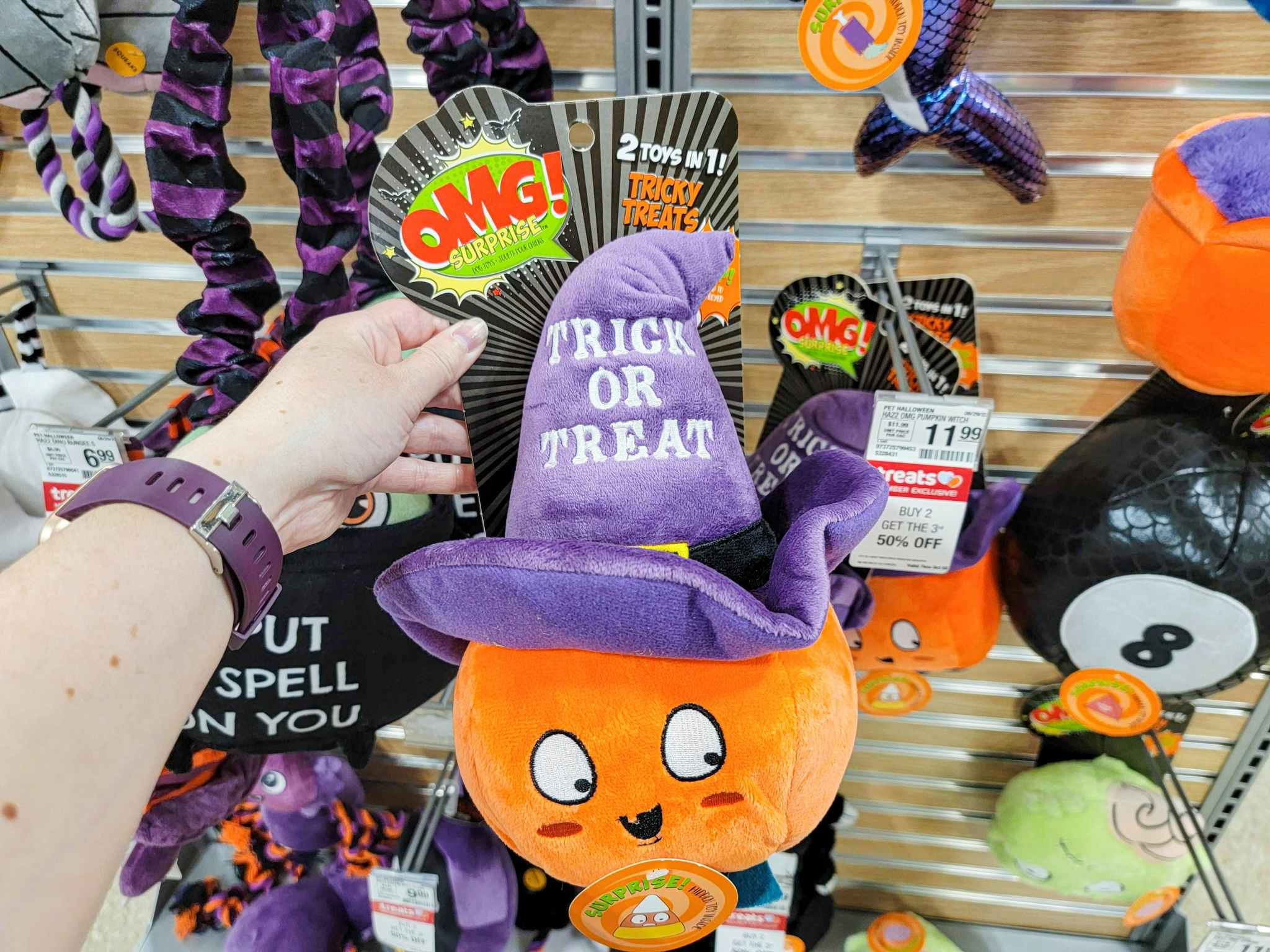 hand holding a pumpkin wearing a purple trick or treat hat dog toy