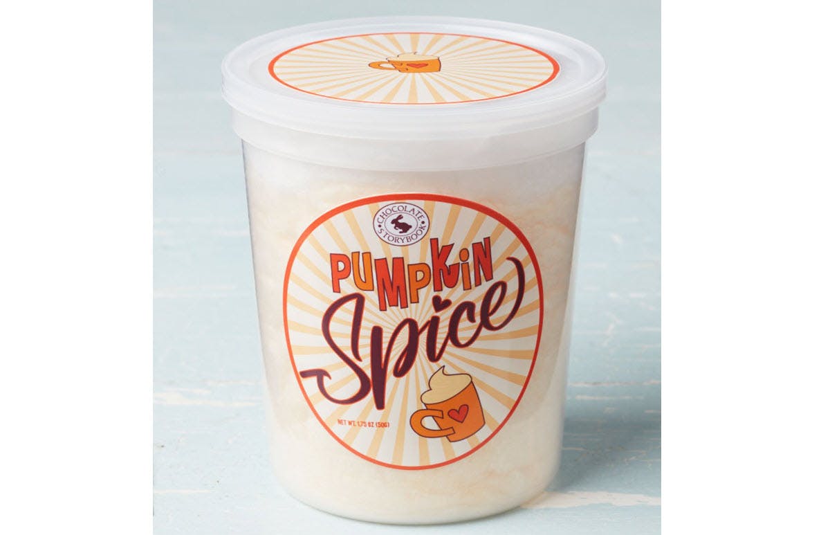 A container of Pumpkin Spice Cotton Candy.
