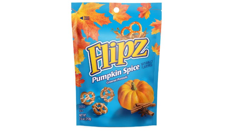 A bag of Flipz Pumpkin Spice Pretzels.