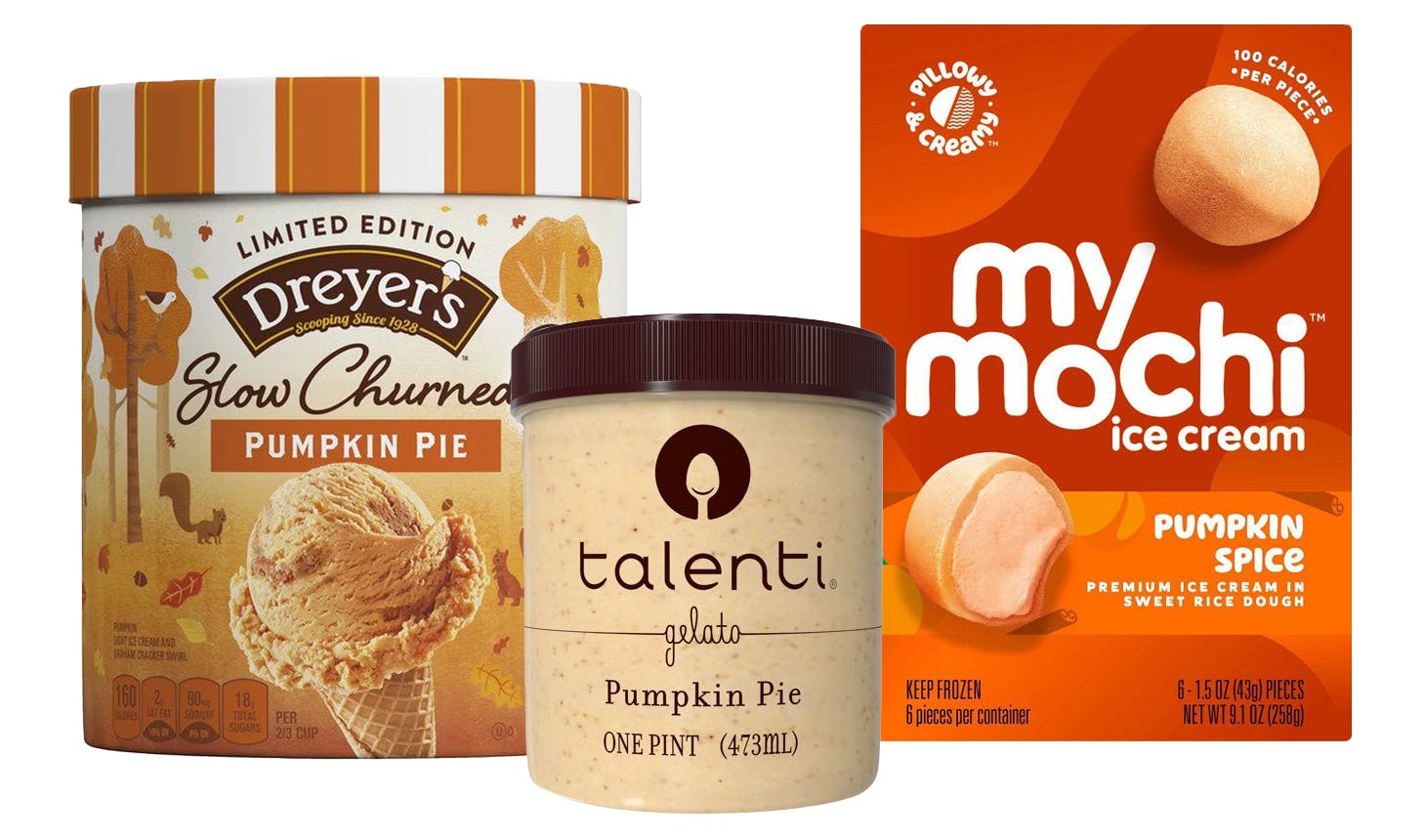 Dreyer's, Talenti, and MyMochi pumpkin-flavored ice cream products