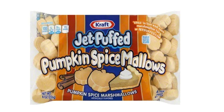 A bag of Jet-Puffed Pimpkin Spice Marshmallows.