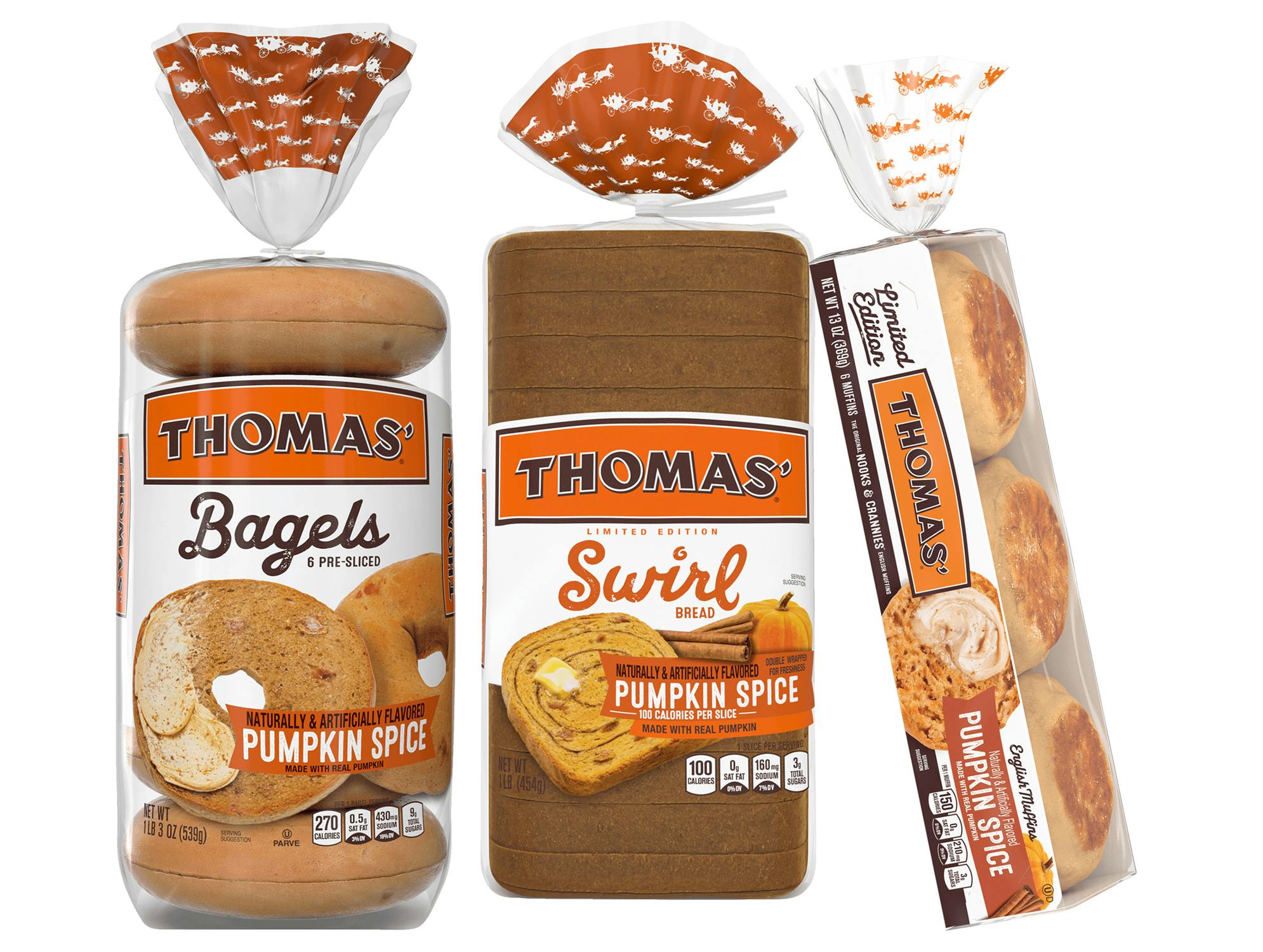 Thomas' pumpkin spice bagels, swirl bread, and english muffins products