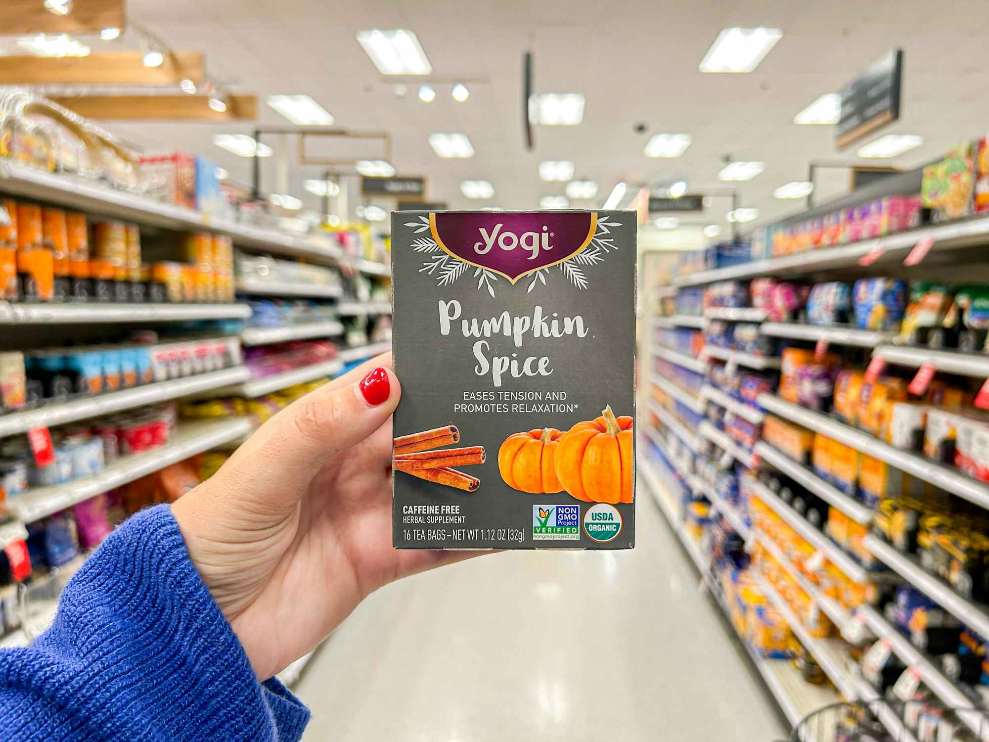 a person holding up pumpkin spice yogi tea in target