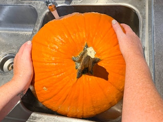 a person washing a pumpkin in the sink
