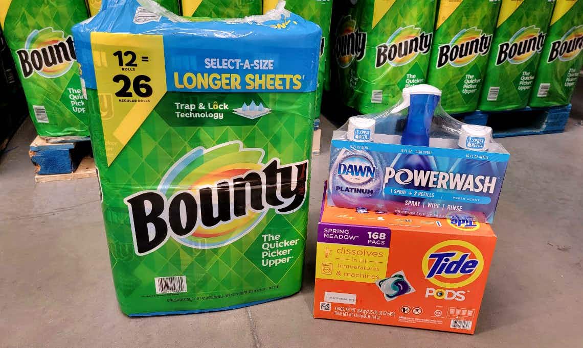 pack of bounty paper towels with tide pods and dawn powerwash