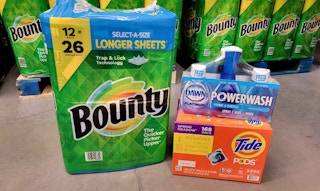 pack of bounty paper towels with tide pods and dawn powerwash