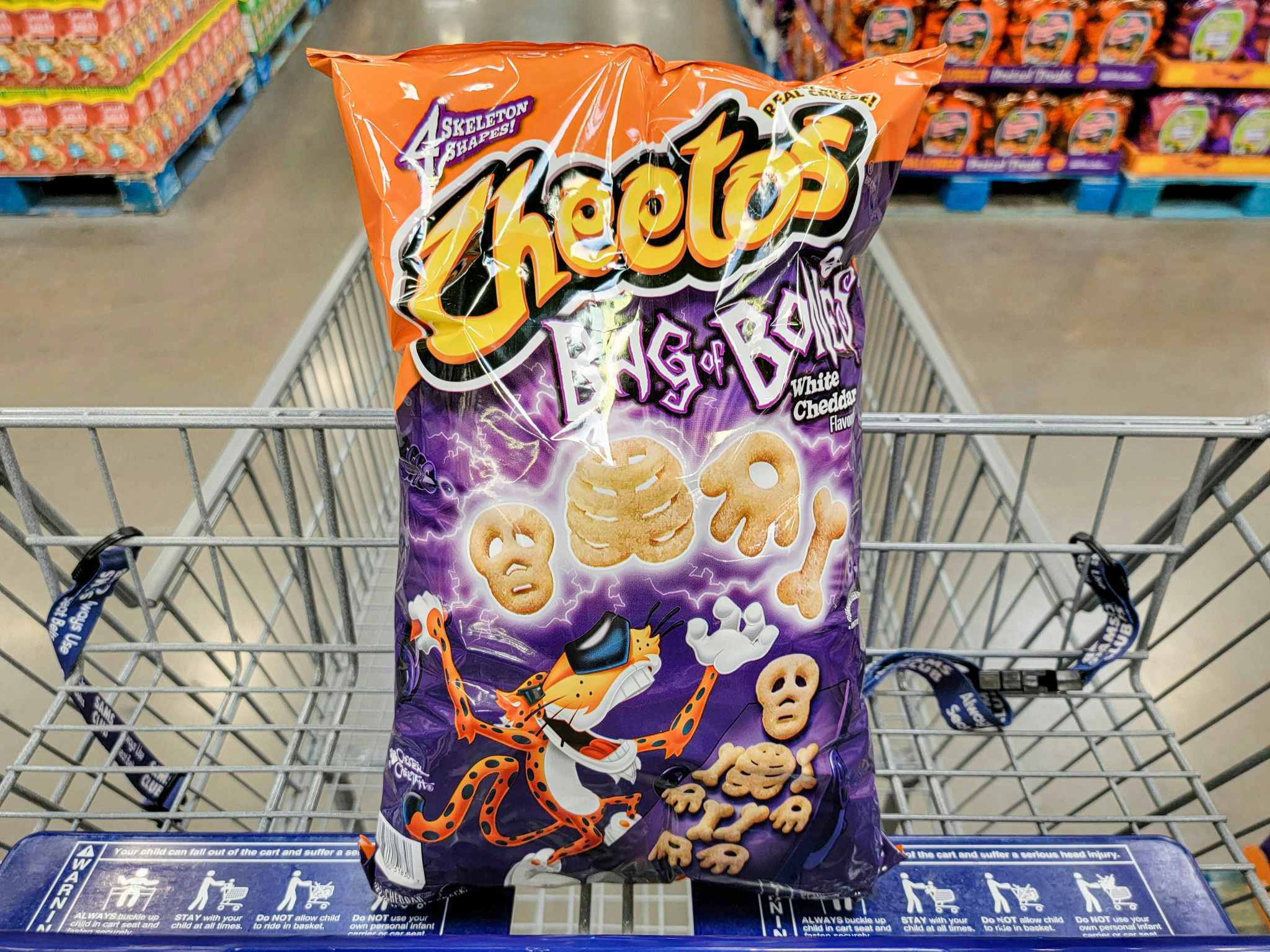 a bag of cheetos bag of bones in a cart