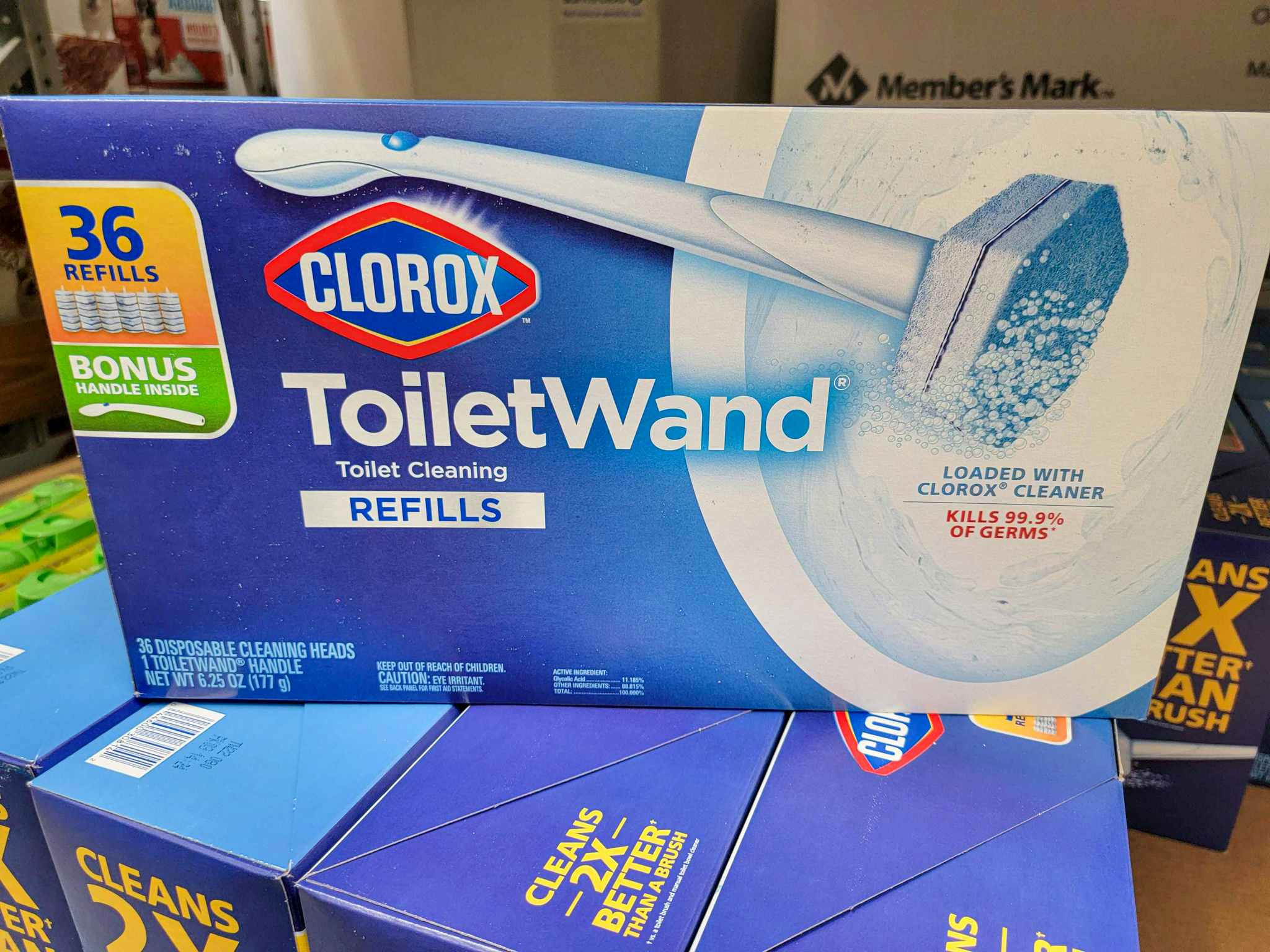 a box of 36 clorox toilet wands with a bonus handle 