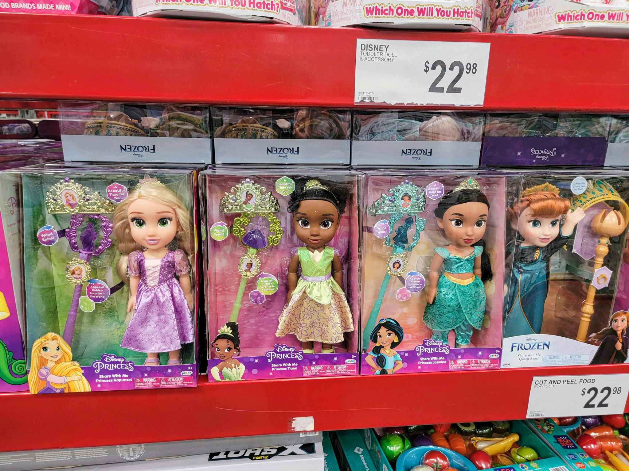 disney frozen toddler dolls featuring rapunzel, tiana, jasmine, and anna