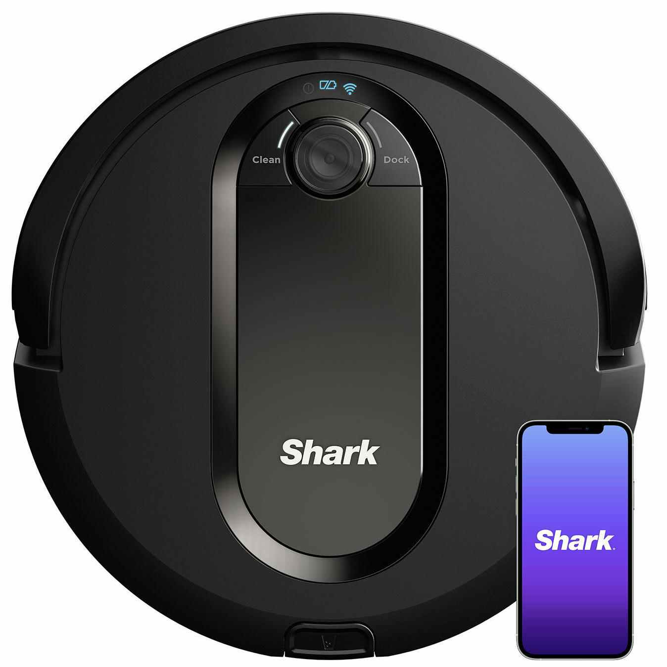 a shark robot vacuum with a phone showing the app