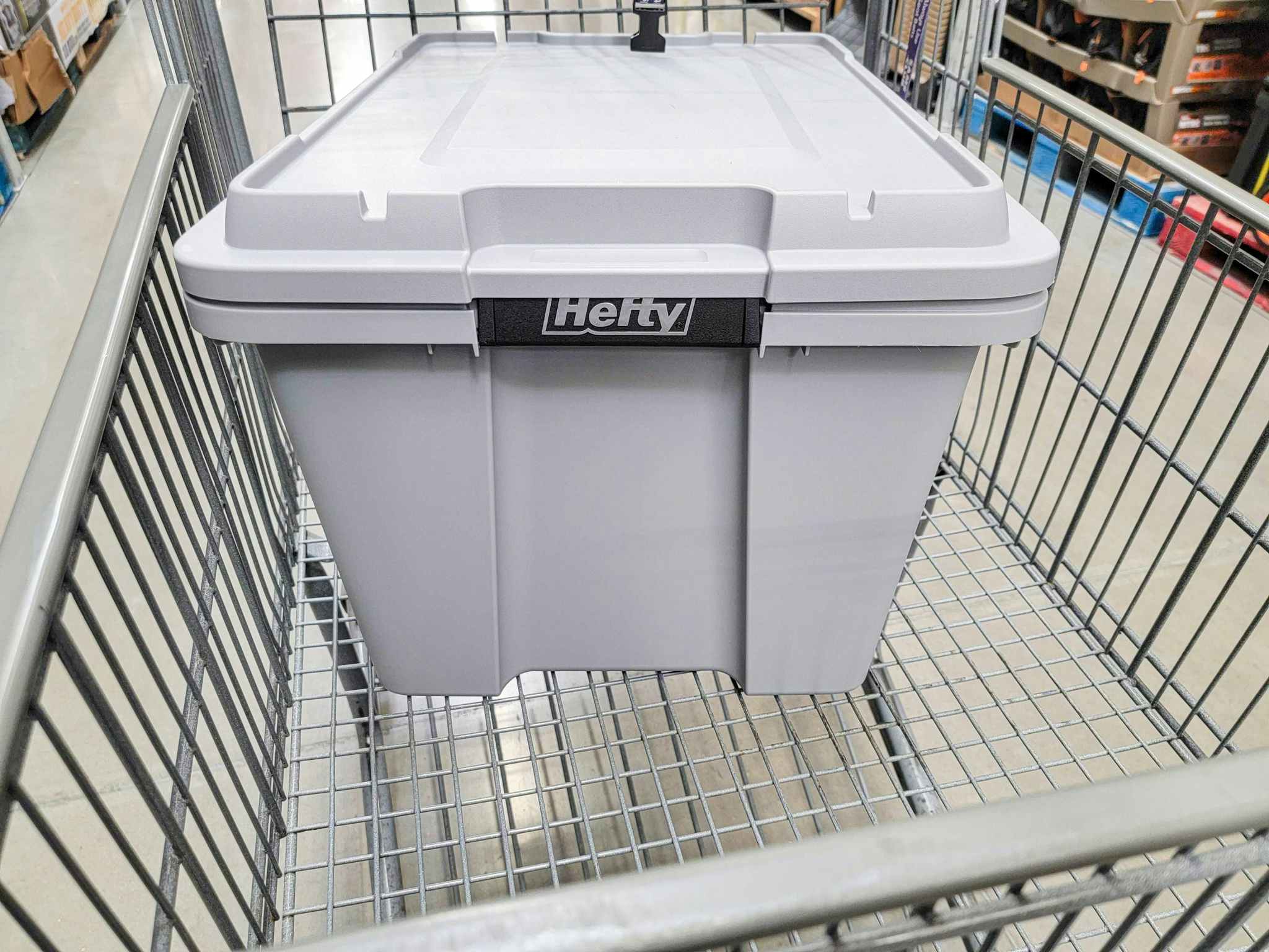 a grey 18 gallon hefty storage tote in a cart