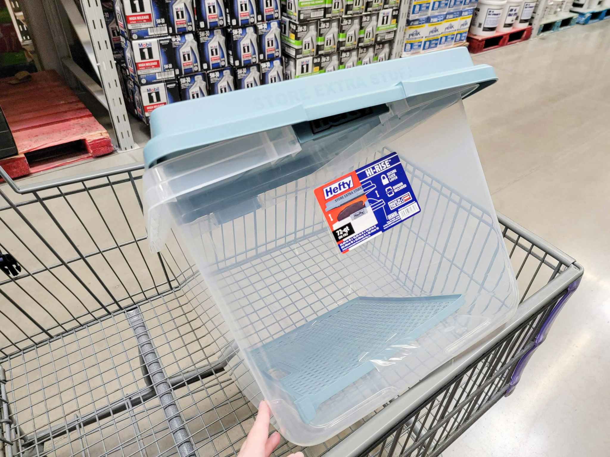 a 72 quart storage tote in a cart