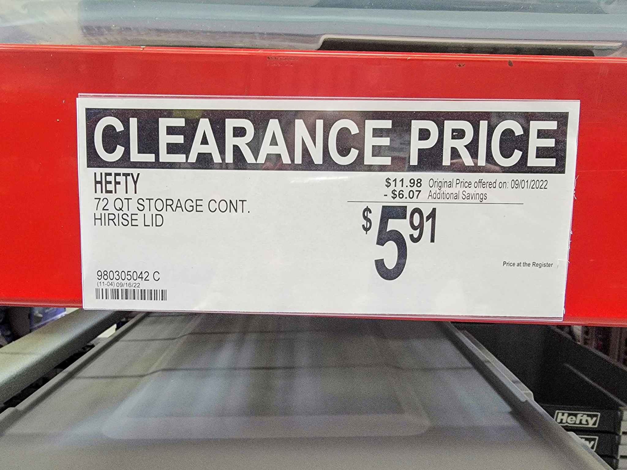 clearance sign for 72 quart storage tote for 5.91 hefty brand