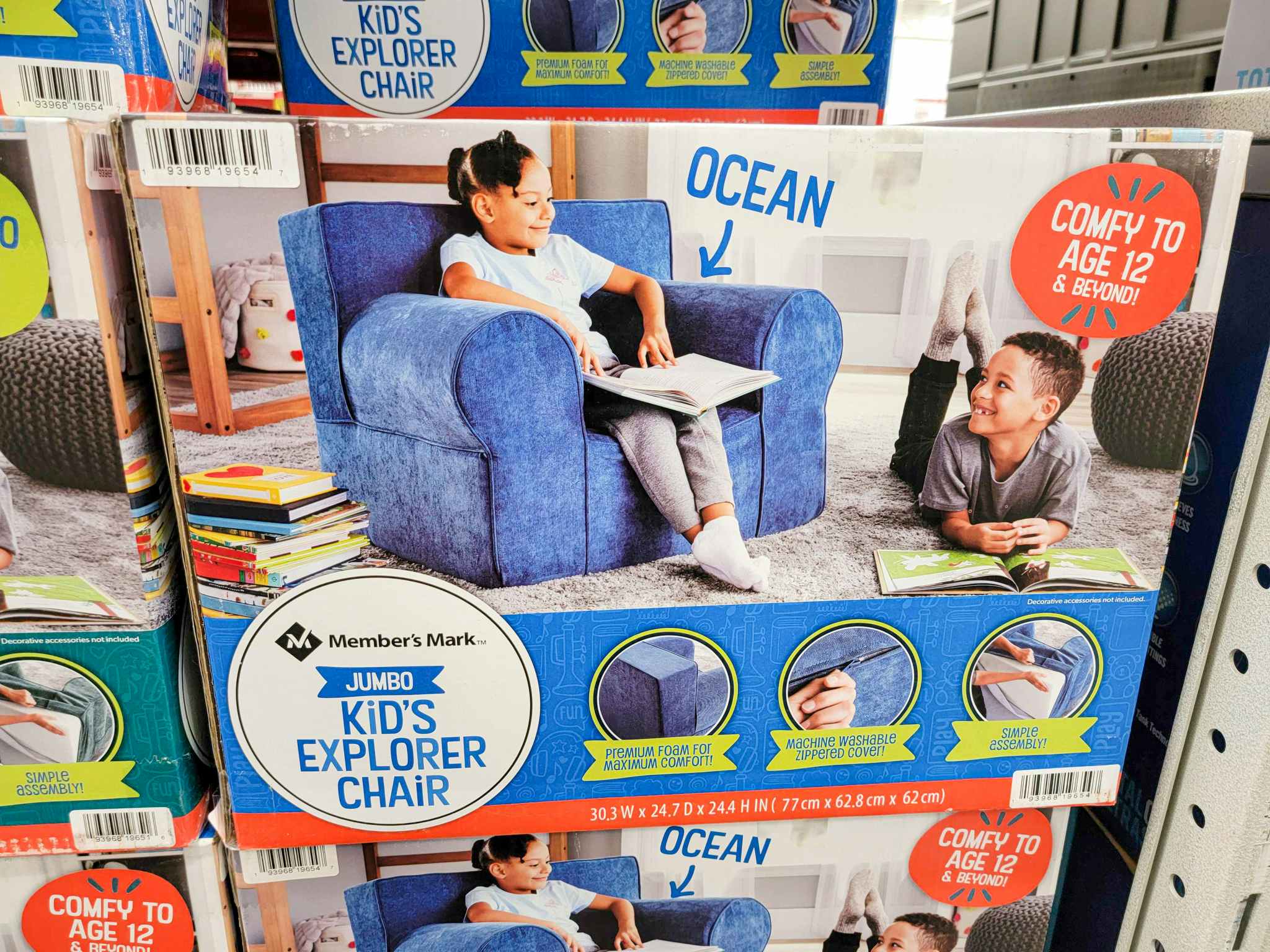 a blue jumbo kids chair in a box
