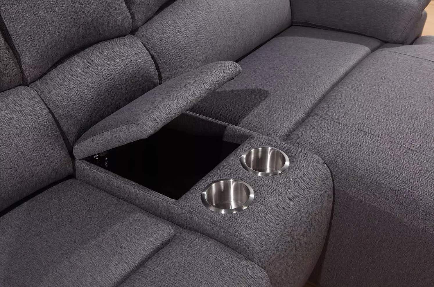 grey sectional with cupholders and storage area open
