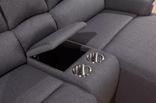 grey sectional with cupholders and storage area open