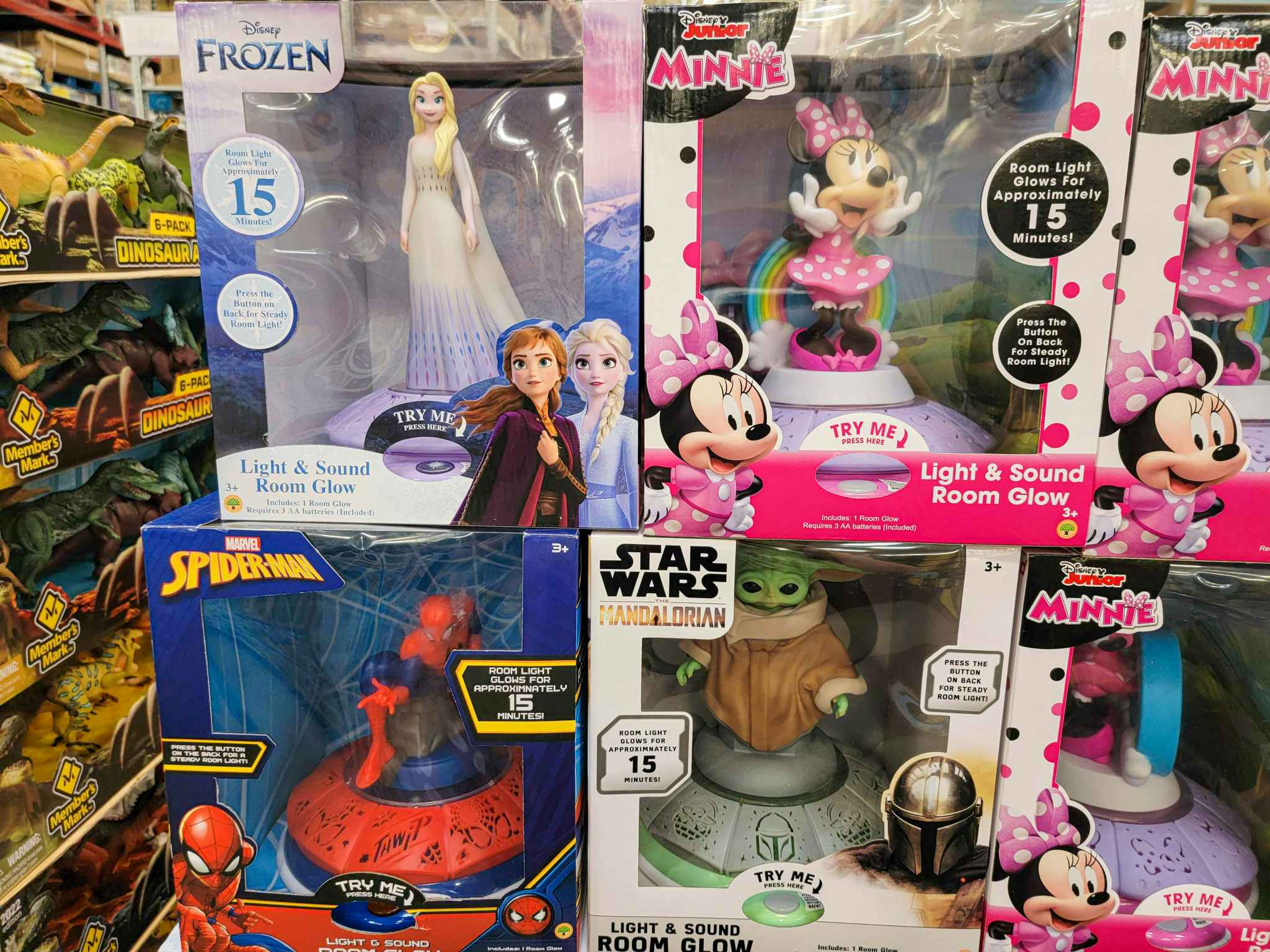 disney room glow lights in frozen, minnie mouse, spiderman, and star wars