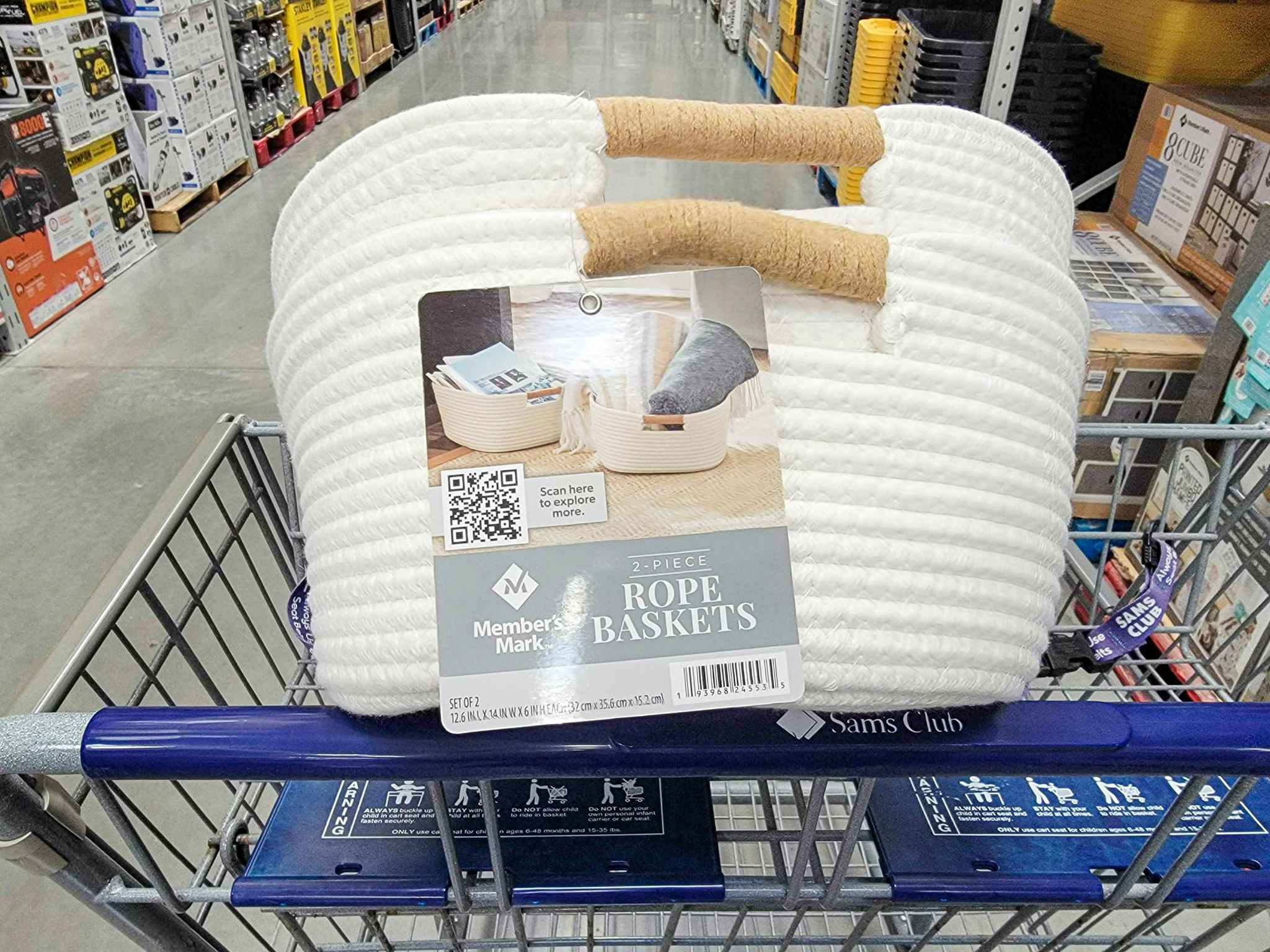 a set of 2 cream rope baskets in a cart