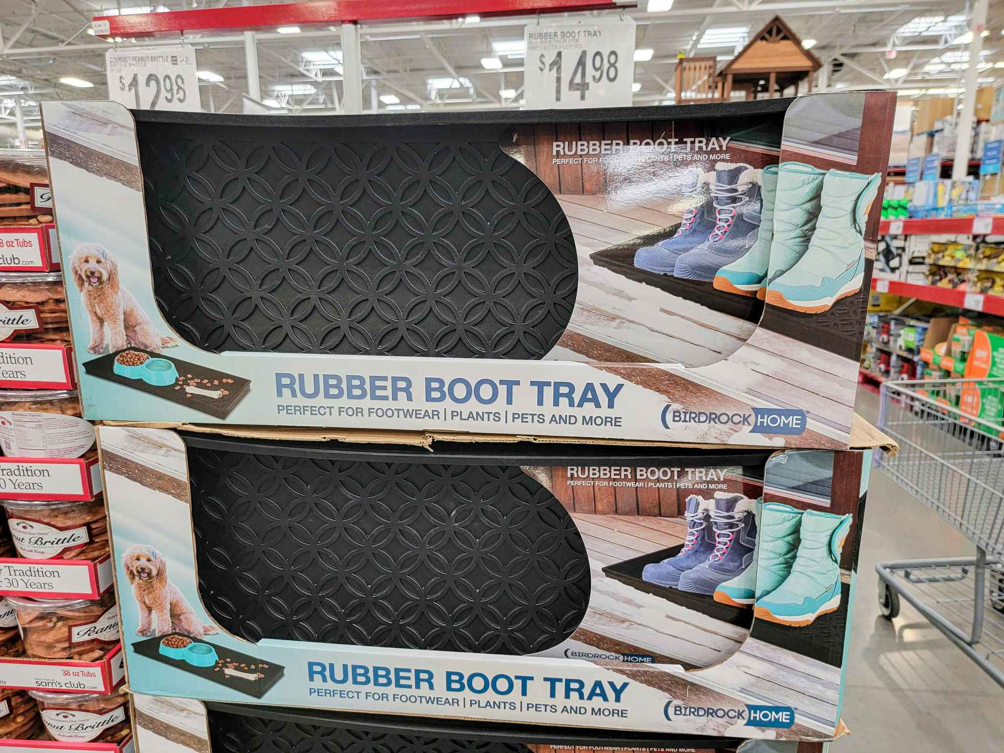 a display of black rubber boot trays