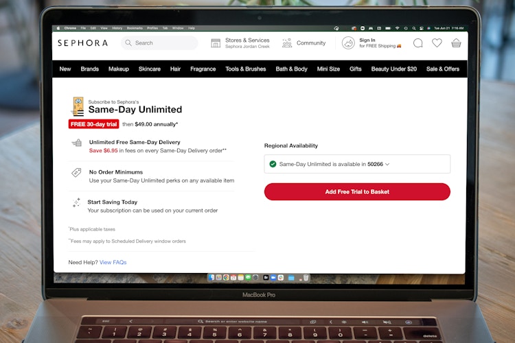 sephora same-day delivery trial screenshot on laptop