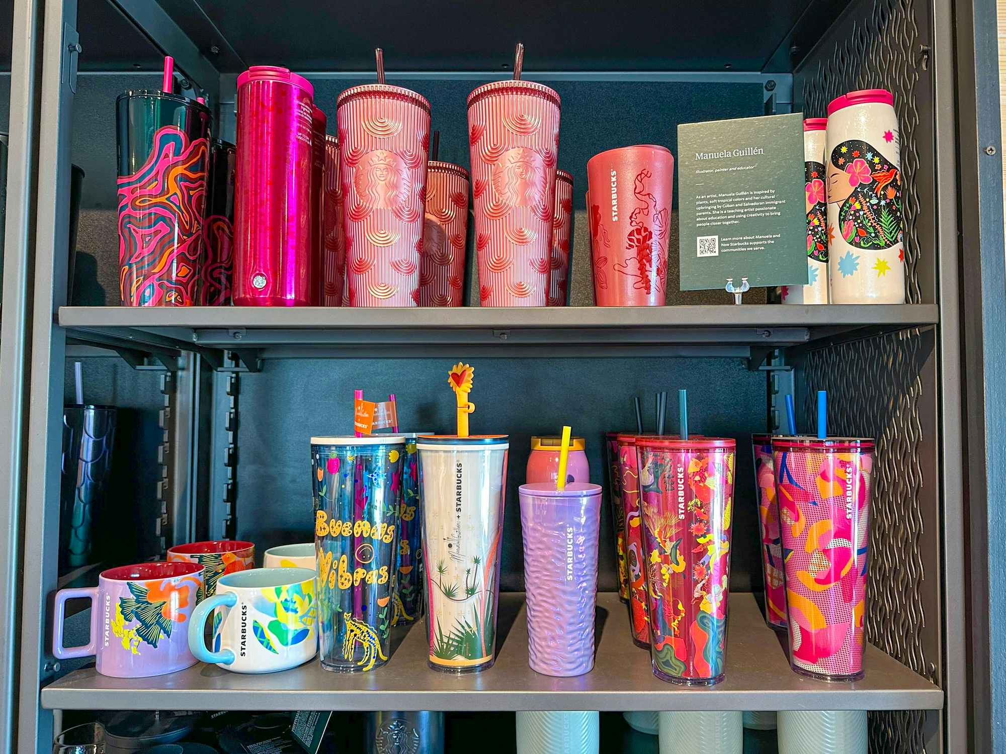 new fall Starbucks cups on a shelf at Starbucks